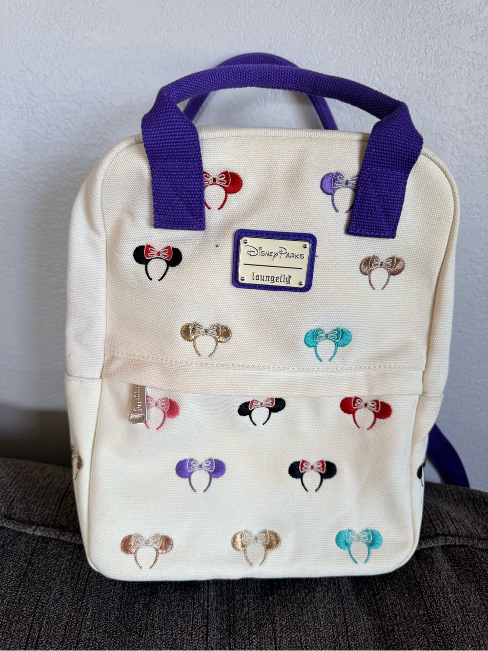 Loungefly Cream Backpack with Purple Handles and Embroidered Minnie Ears